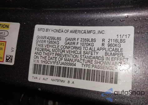 2018 Honda Accord Ex-L z USA, uszkodzony, nr VIN 1HGCV1F57JA055954